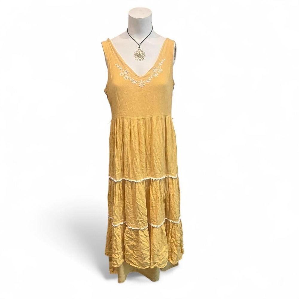 Yellow maxi dress with white trim and eembroidery Cottagecore coquette